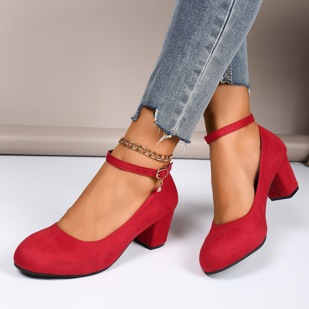 Women's block heel pumps with adjustable ankle strap and soft suede
