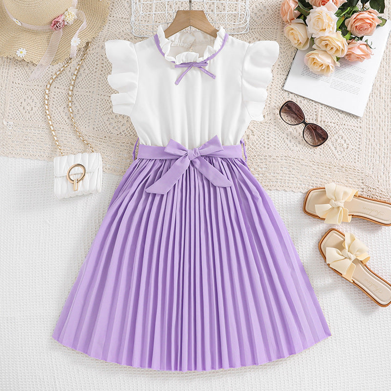 Girls Pleated Skirt Dress with Puff Sleeves and Waist Knot