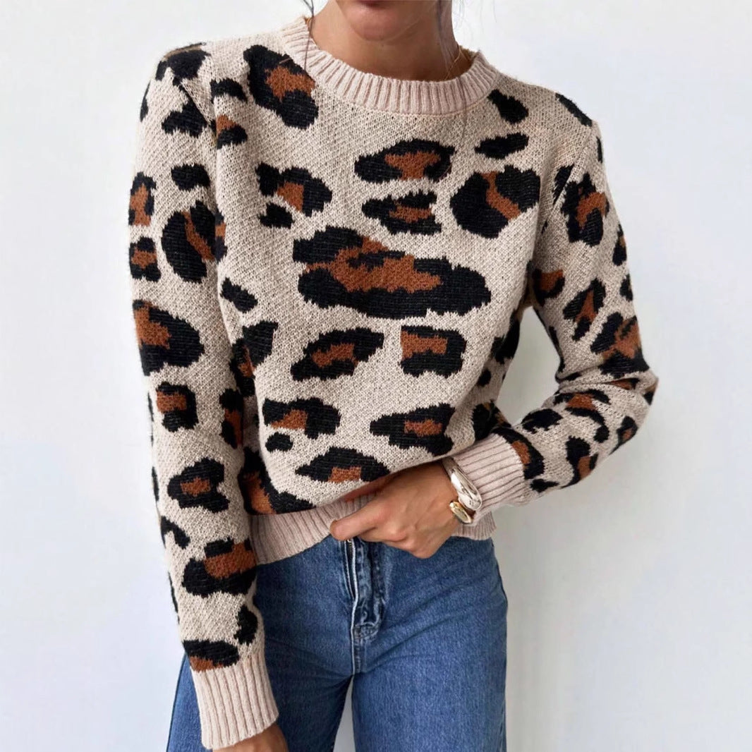 Women's cozy knit pullover with leopard pattern and dropped shoulders