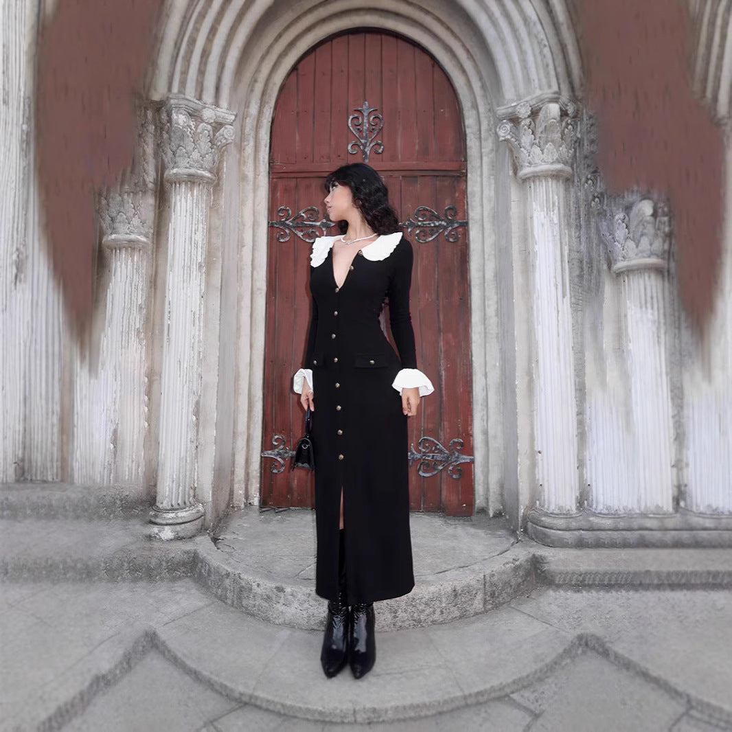 Women's Elegant Dress with Detachable Collar and Side Slit