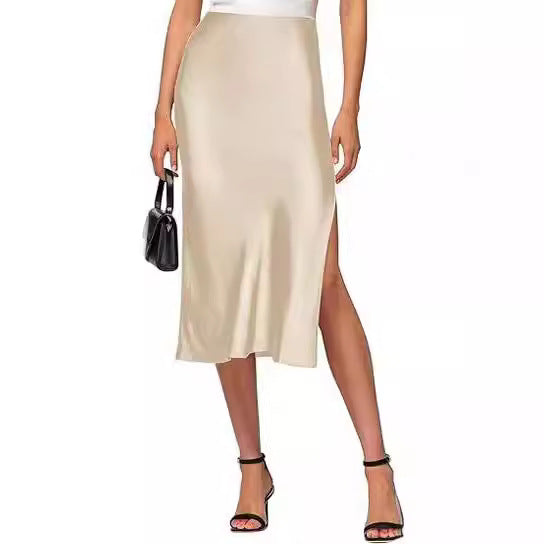 Women Satin Midi Skirt with High Slit