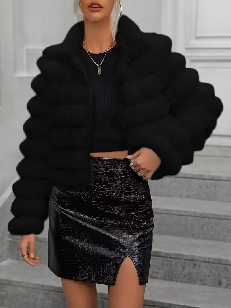 Women's Short, Quilted Faux Fur Jacket with High Collar