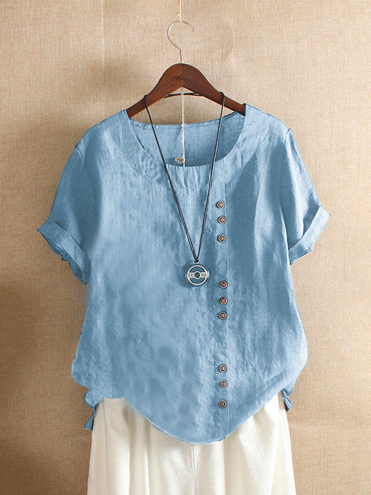 Women's casual linen blouse with convertible sleeves and button details