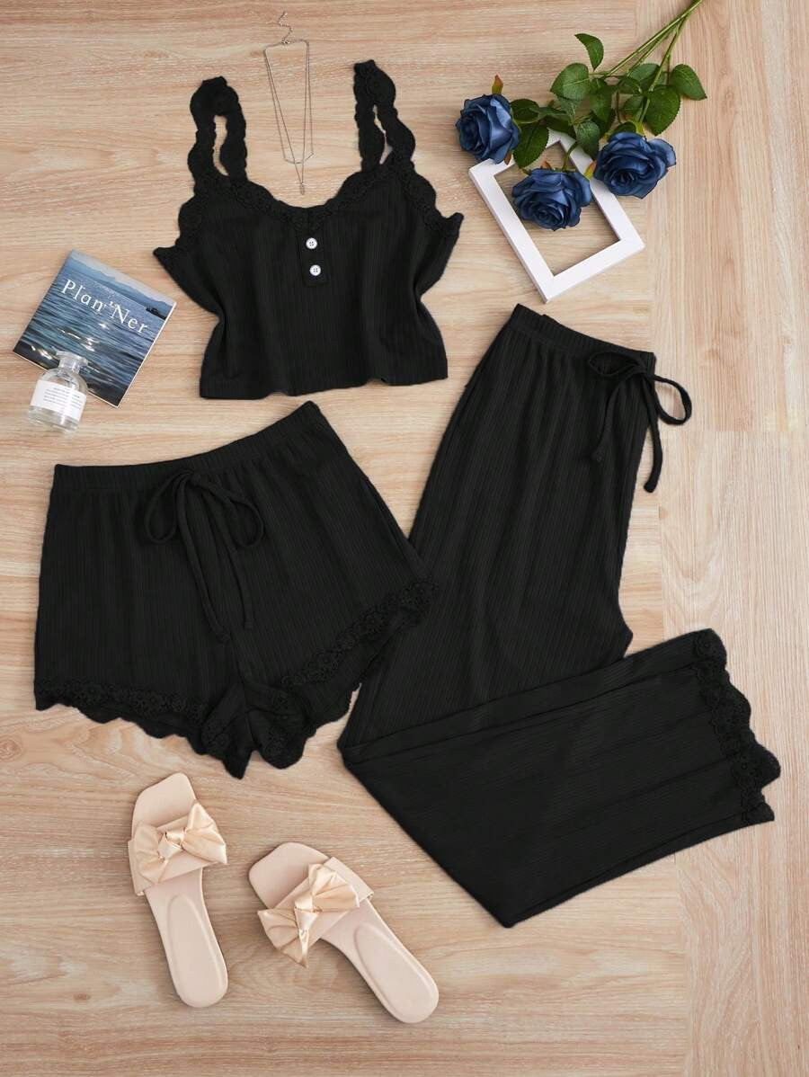Women's Fashion Pajama Set with Lace Accents
