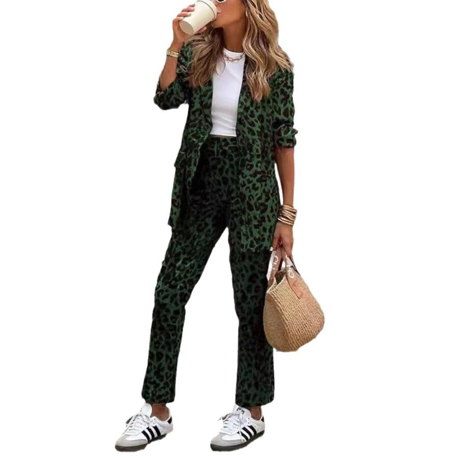 Women's Elegant Blazer-Trousers Suit in Trendy Leopard Print