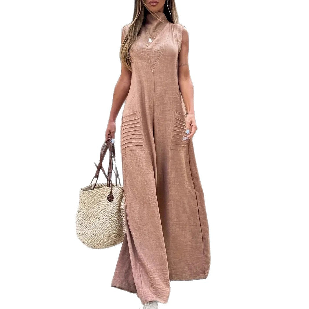 Ladies' airy maxi jumpsuit with decorative pleats and side pockets