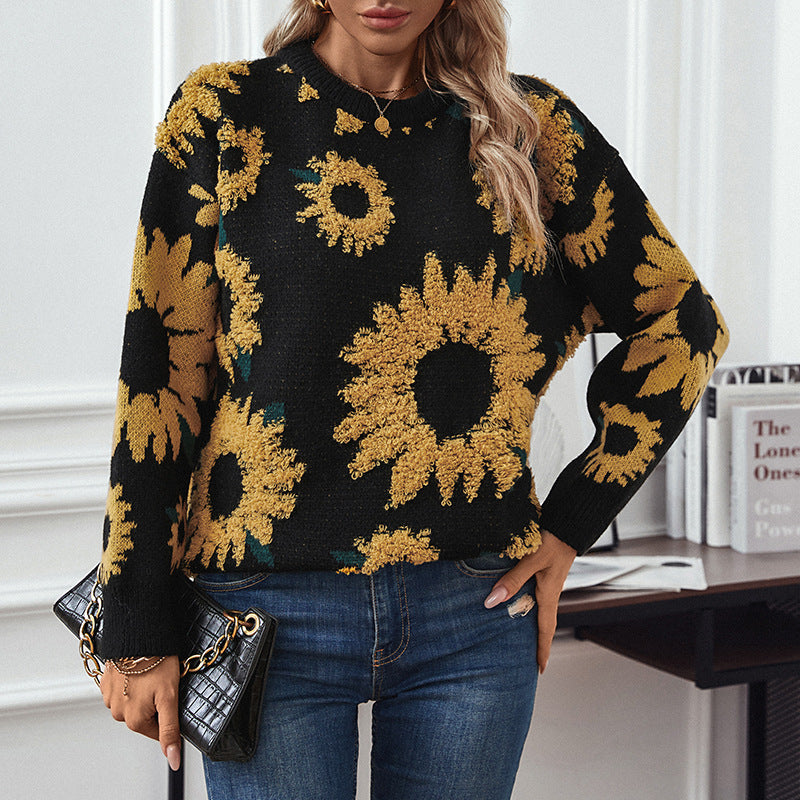 Ladies cozy pullover with sunflower motif