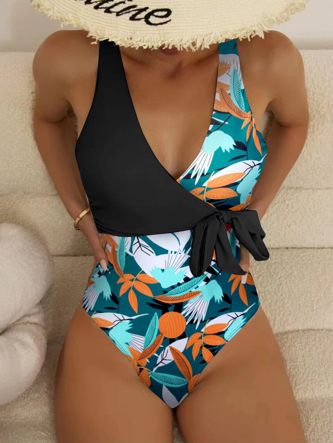 Women's High-Waisted Floral Print Wrap One-Piece Swimsuit with Tie Detail