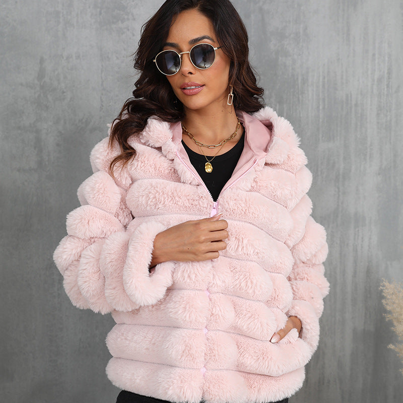 Women's stylish hooded jacket made of faux fur with a textured pattern