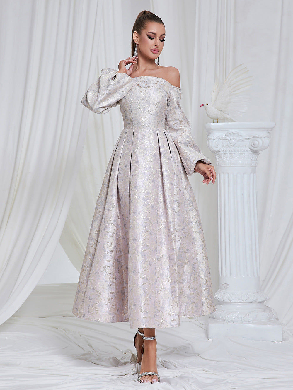 Ladies Festive Off-Shoulder Midi Dress with Voluminous Sleeves and Elegant Waist