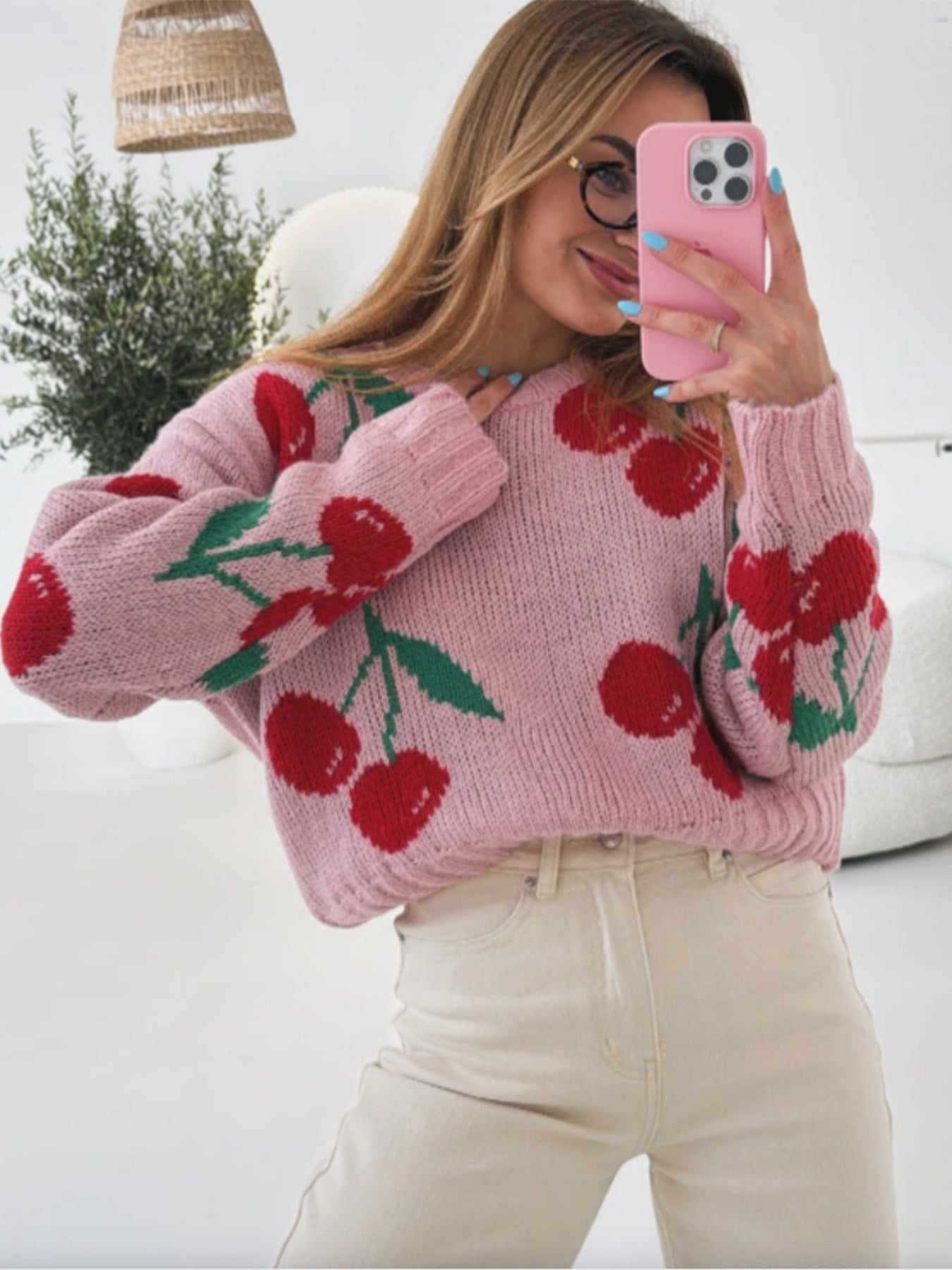 Women's casual pullover with fruity cherry pattern and soft knit