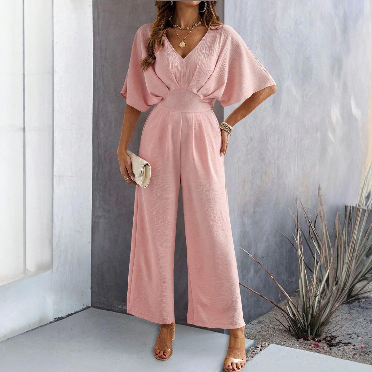 Ladies Wide Cut Jumpsuit with Elegant Draping and V-Neck