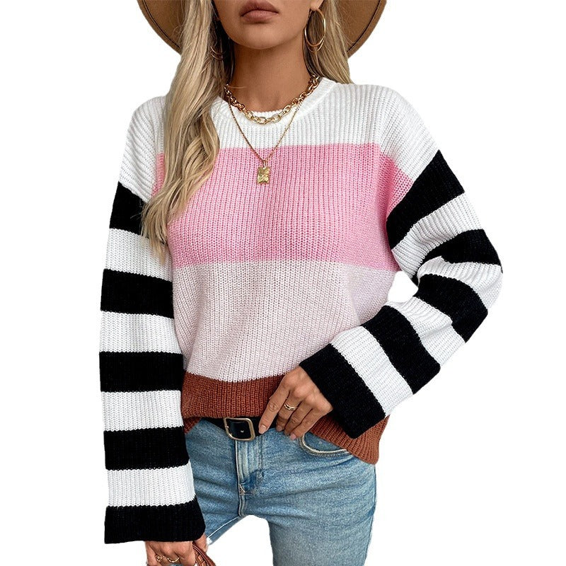 Ladies fashionable pullover with casual stripe pattern and loose fit
