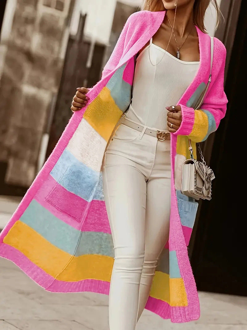 Ladies fashionable long cardigan with colorful stripe pattern
