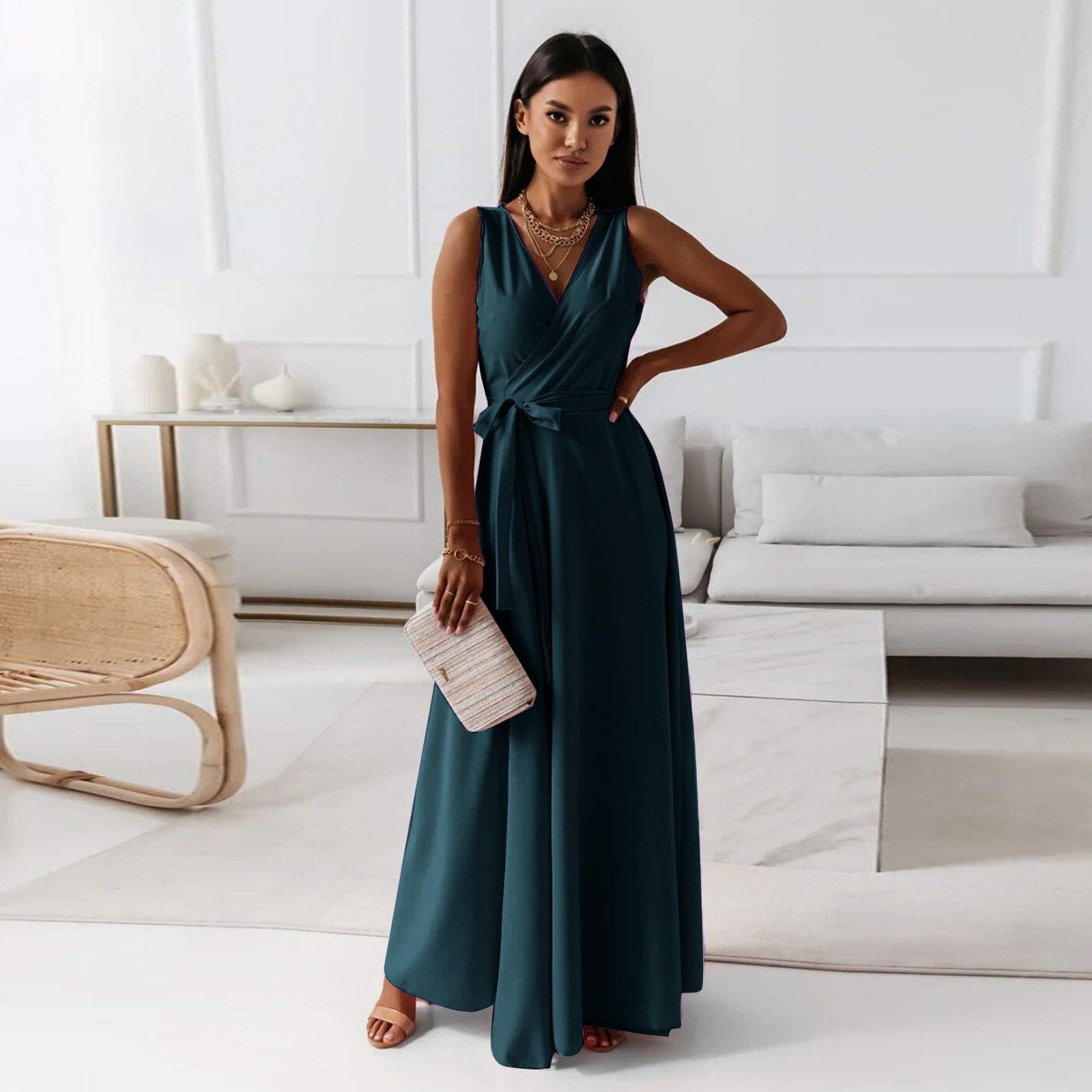 Women Solid V-neck Long Dress