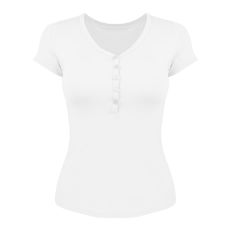 Women's short-sleeved functional shirt with button placket and V-neck