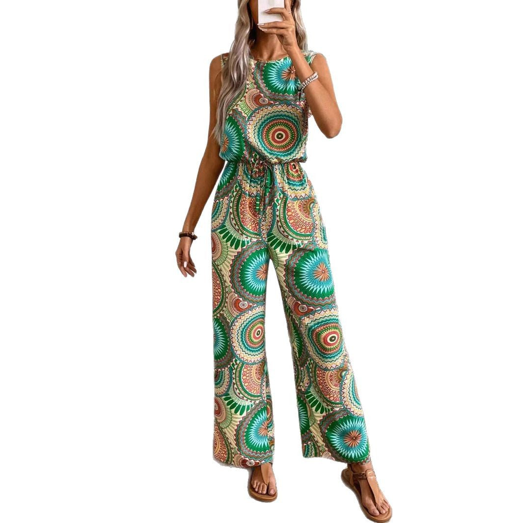 Women's casual jumpsuit with striking pattern detail and elastic waistband