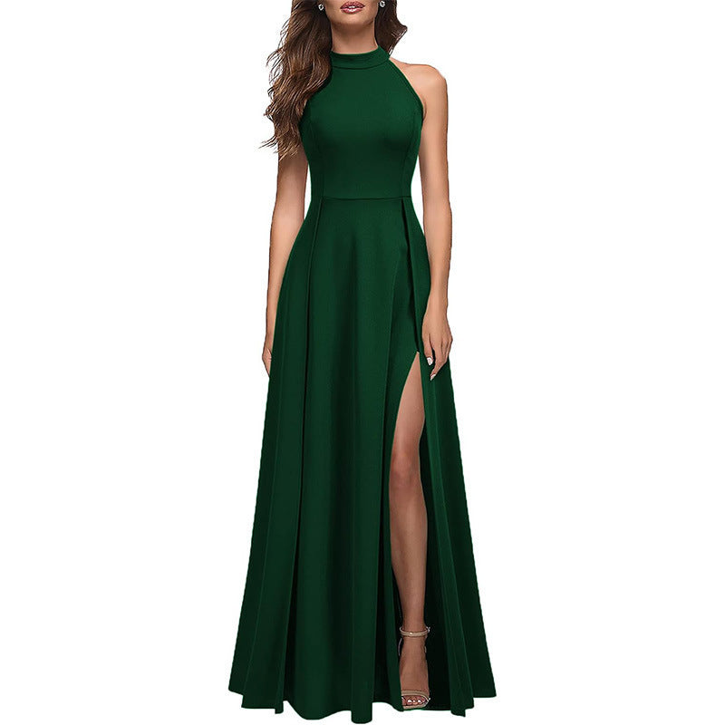 Women's maxi dress with side slit and elegant collar