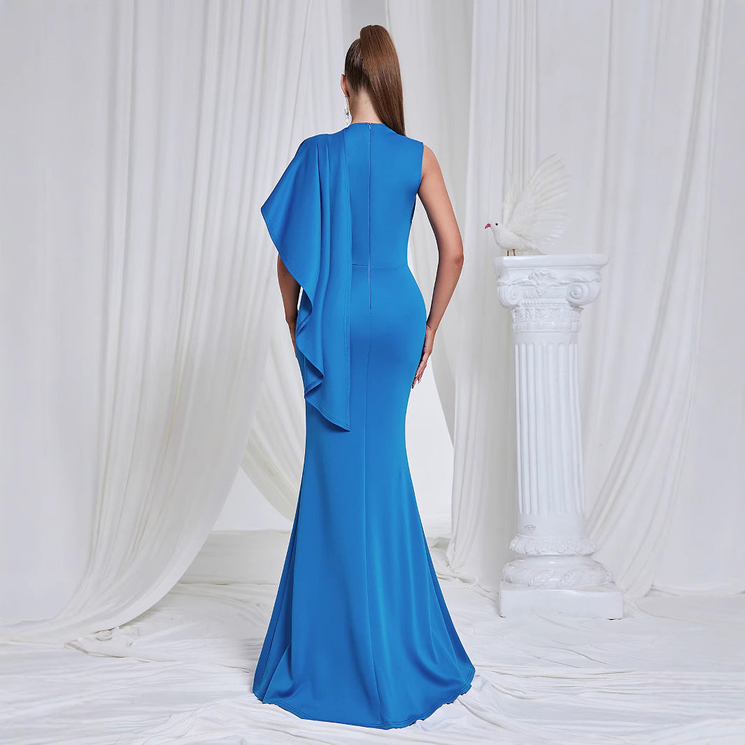 Women's fitted evening dress with asymmetric design and high slit