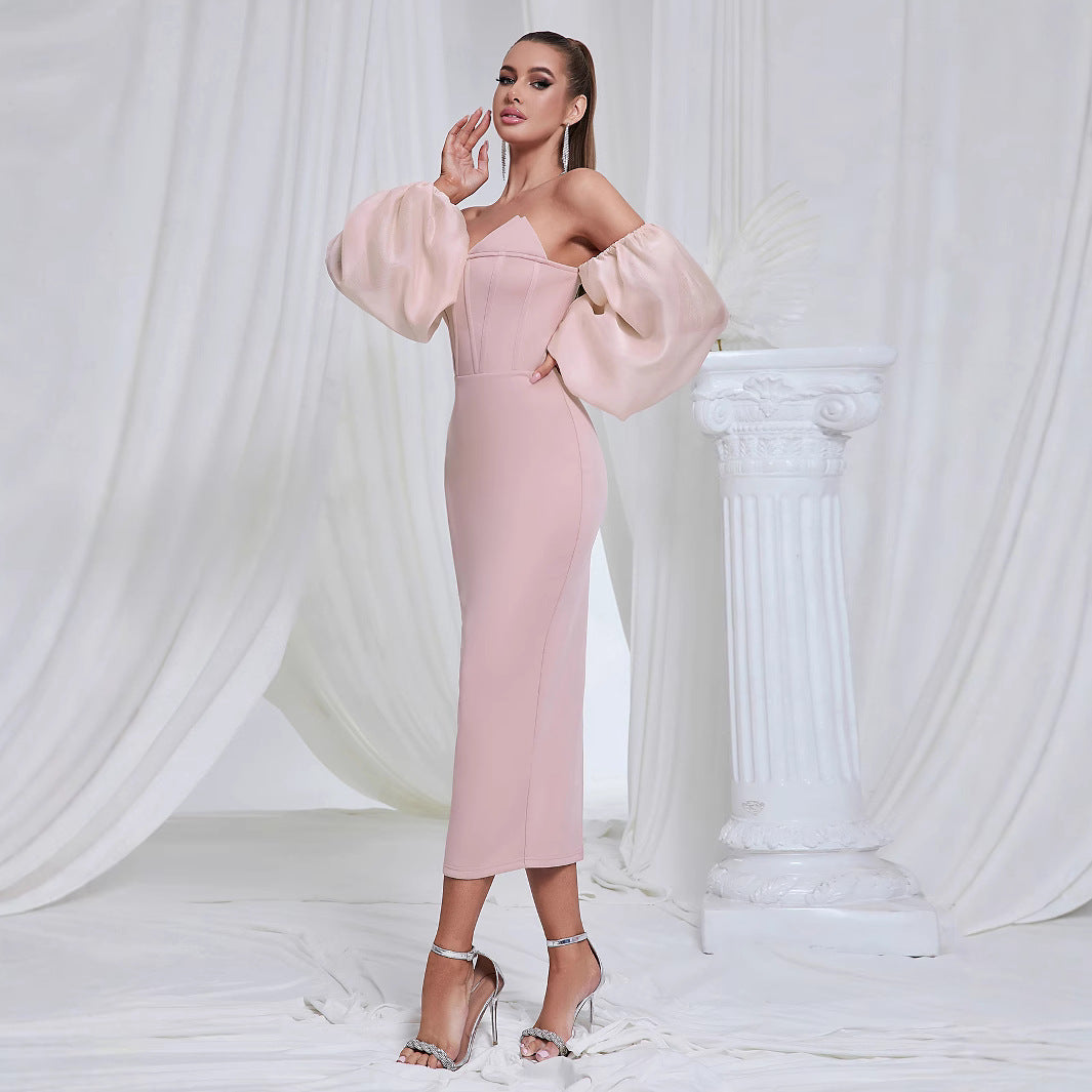 Women's Figure-Hugging Evening Dress with Puff Sleeves
