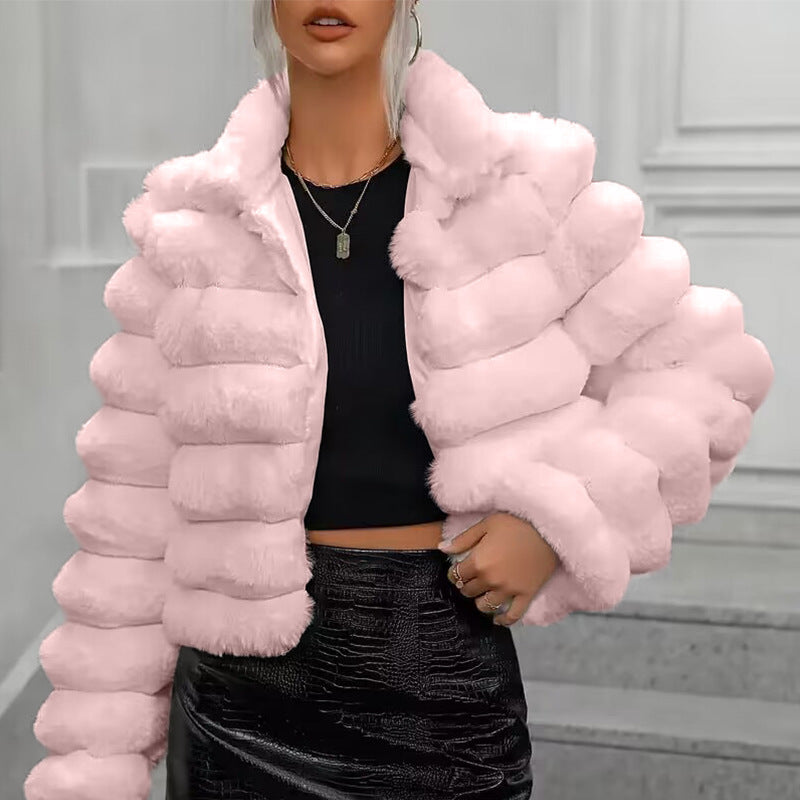 Women's Short, Quilted Faux Fur Jacket with High Collar