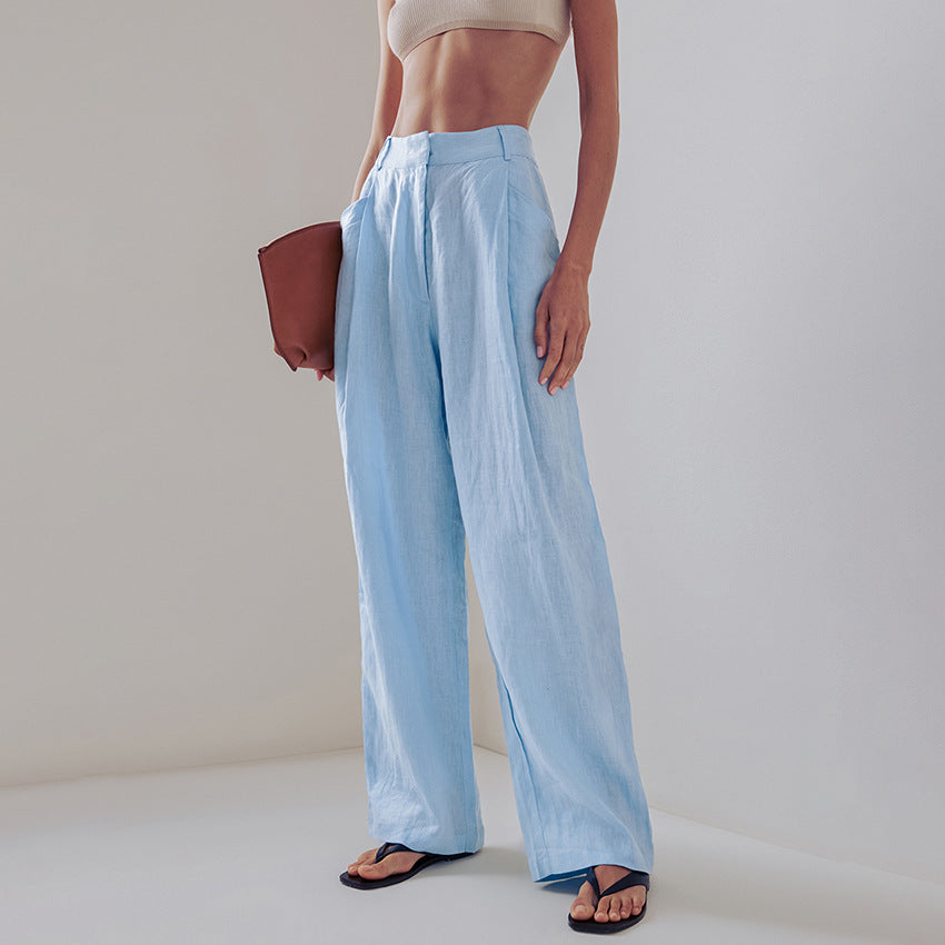 Women's Casual Linen Suit with Oversized Shirt Blouse and Straight Leg