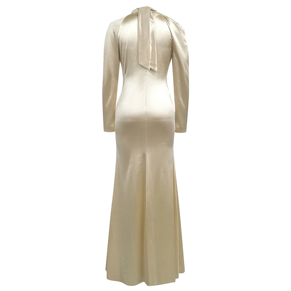 Women's Long Evening Dress with Asymmetric Ruffle and Off-Shoulder Details