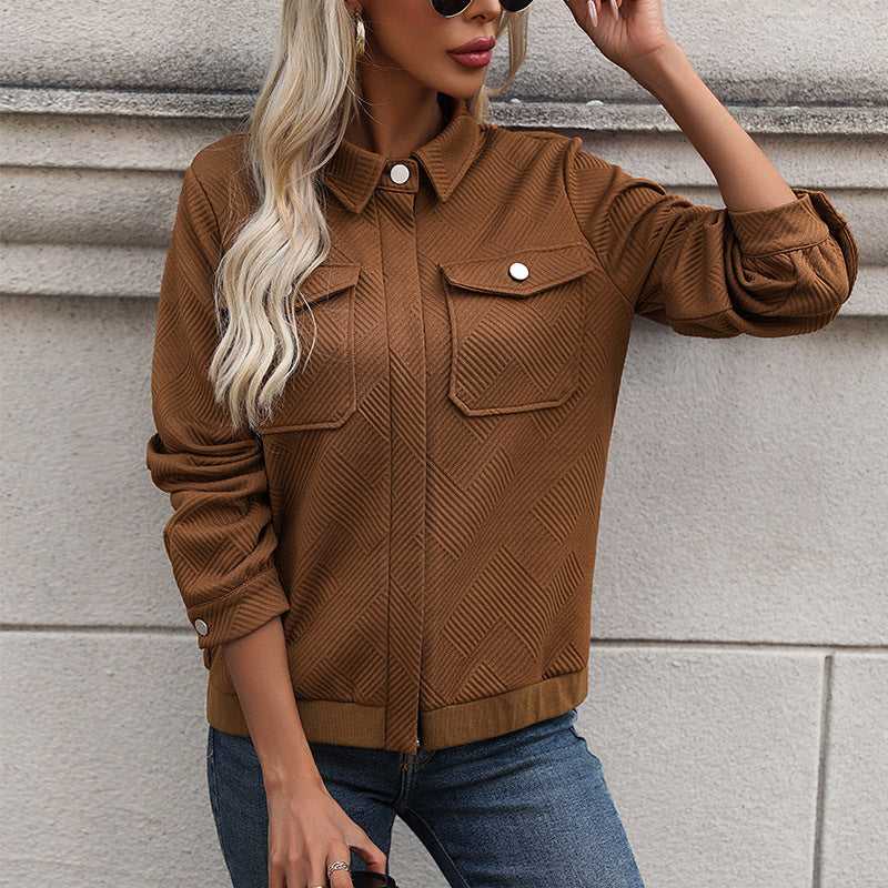 Women's modern utility jacket with structured outer material and practical pockets