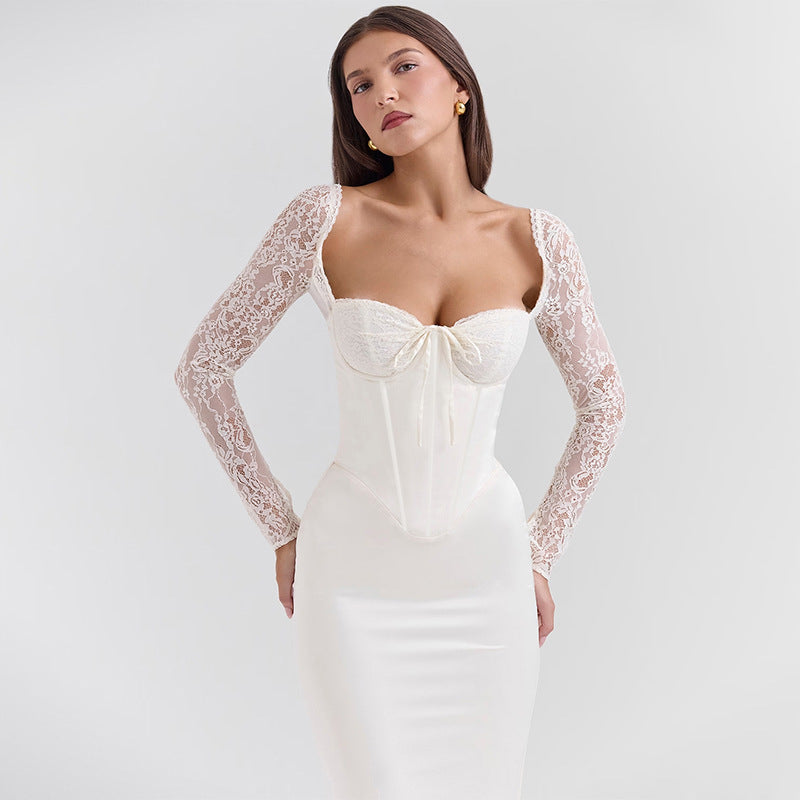 Women's High-Quality Dress with Lace Sleeves and Corset Neckline