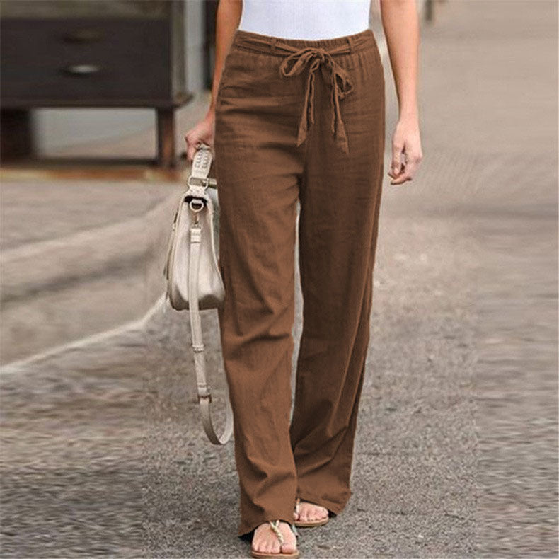Women's comfortable linen pants with elastic waistband and adjustable tie belt