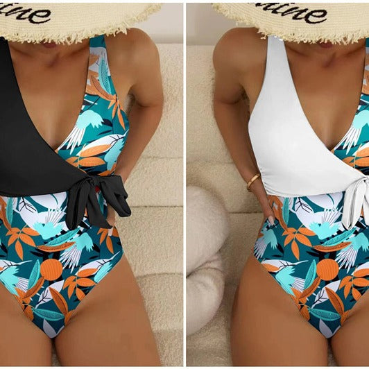 Women's High-Waisted Floral Print Wrap One-Piece Swimsuit with Tie Detail