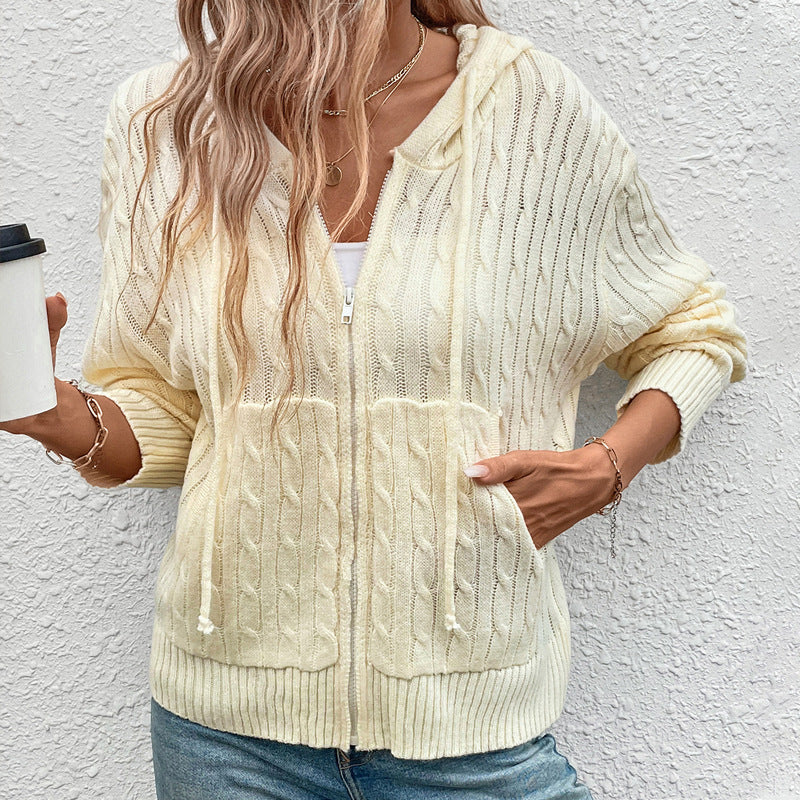 Women's striped cardigan with zipper and hood