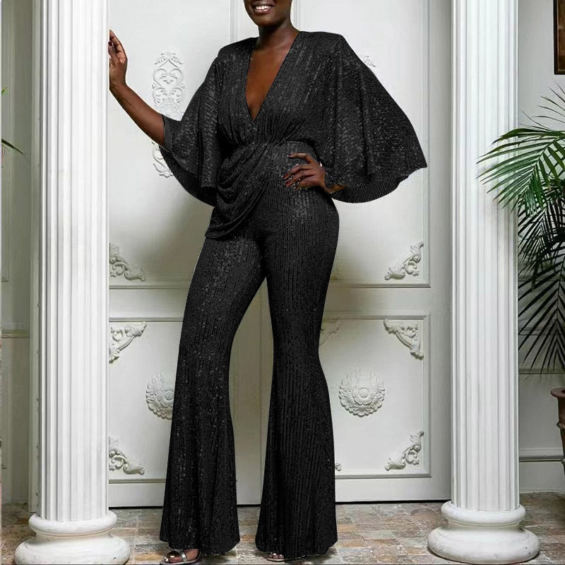 Women's Glamorous Jumpsuit with Sparkling Sequins and Wide Leg
