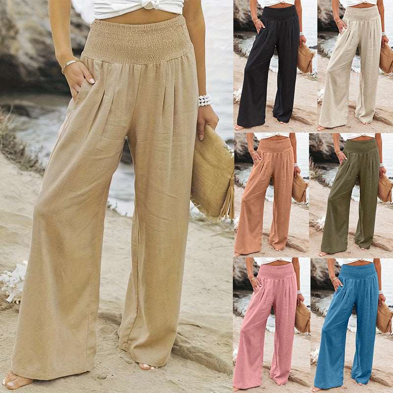 Ladies long, wide linen pants with elastic waistband