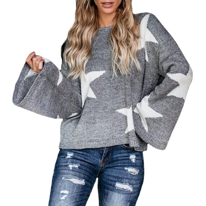 Women's fashionable pullover with wide sleeves and star motif