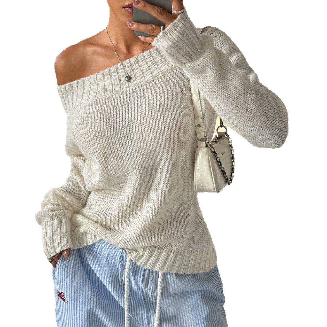 Women's Off-Shoulder pullover with Textured Knit Pattern