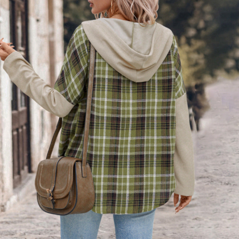 Women's Casual Check Jacket with Contrasting Sleeves