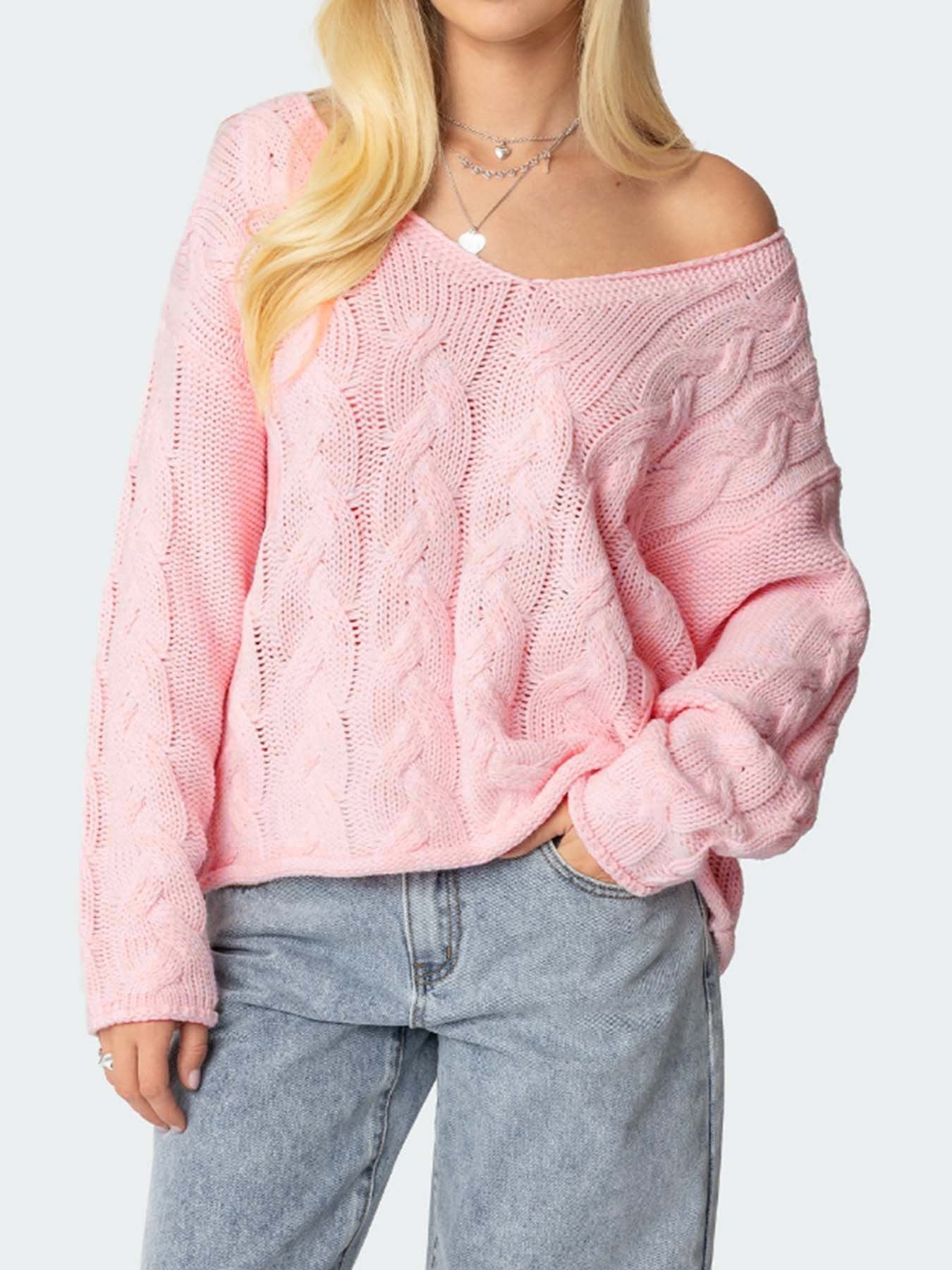 Women's chunky knit pullover with deep V-neck and casual silhouette