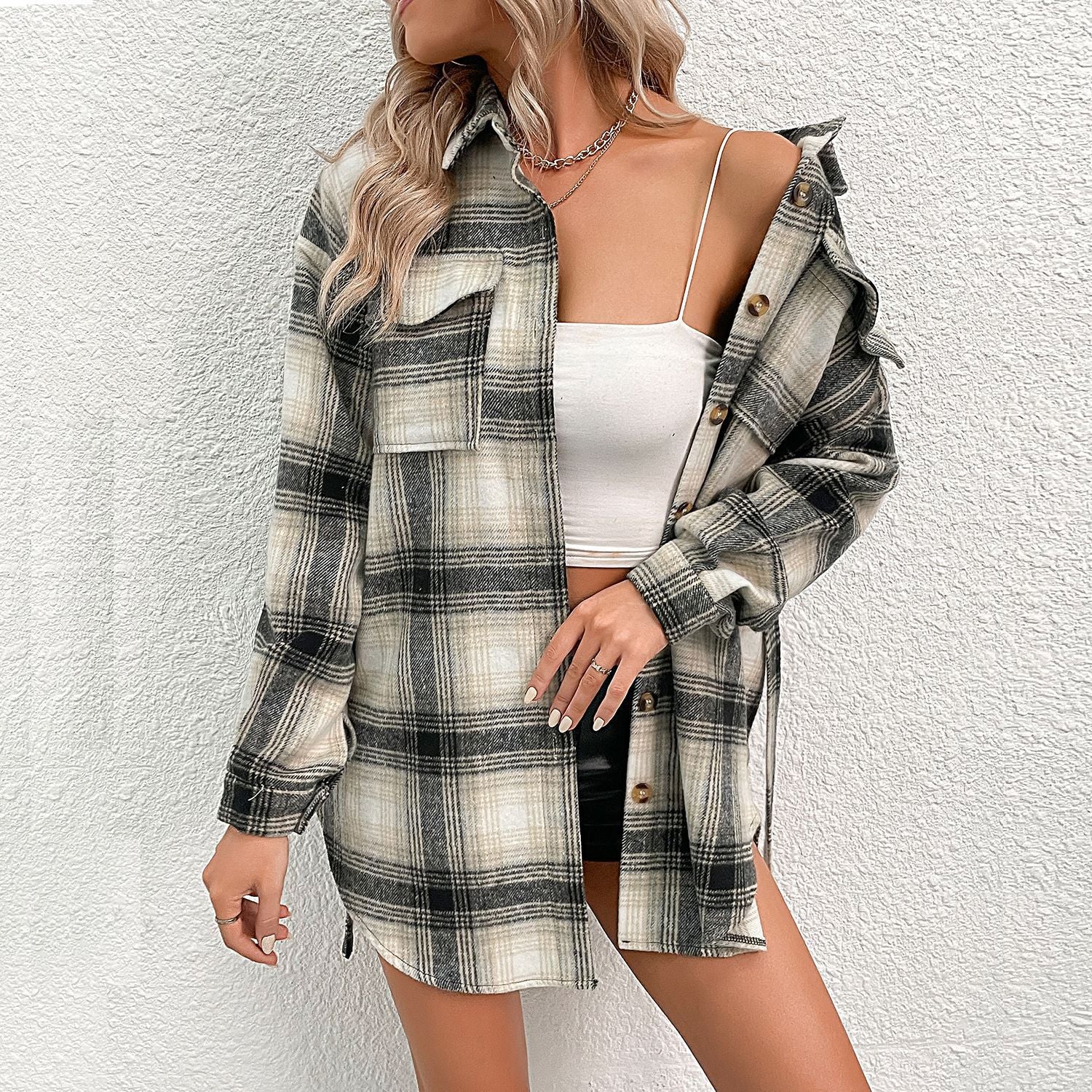 Women's casual check shirt jacket with fashionable button details and lightweight cotton quality
