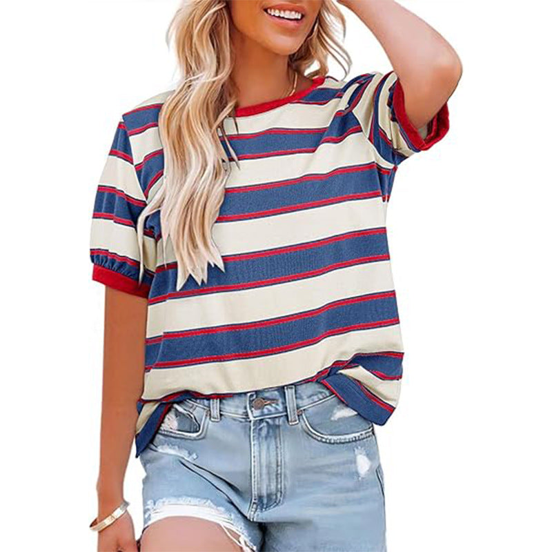 Women's casual striped T-shirt with short sleeves and round neck