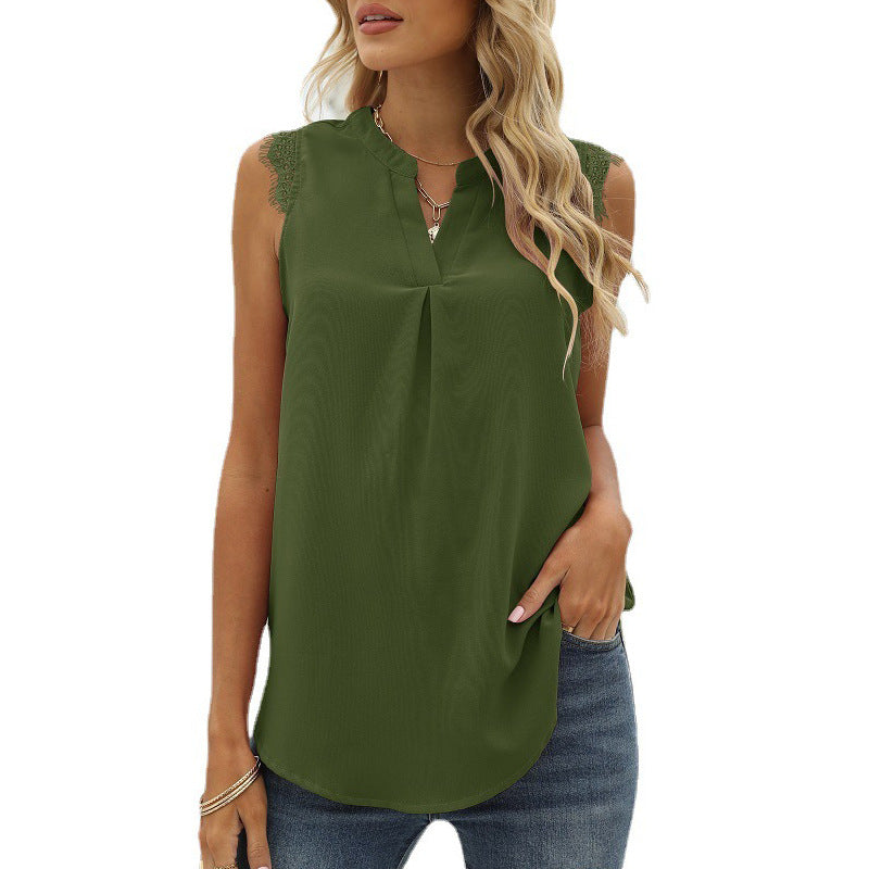 Women's sleeveless blouse shirt with elegant lace insert and fashionable pleats