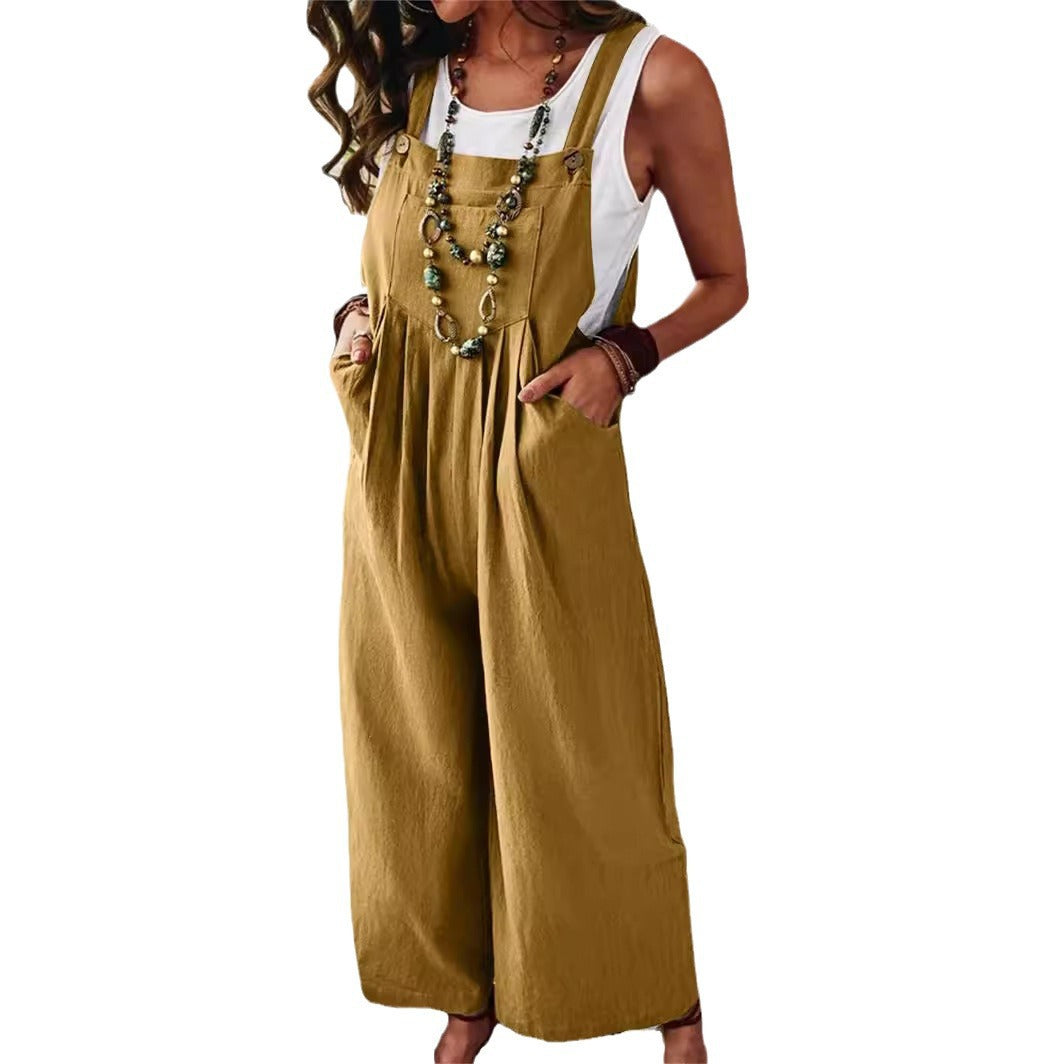 Ladies Casual Jumpsuit with Wide Leg and Pockets