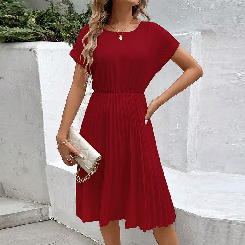 Women's Pleated Midi Dress with Elastic Waist and Short Sleeves