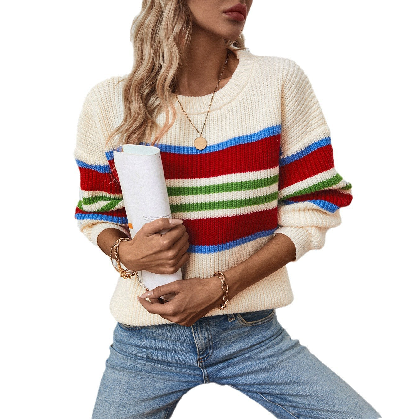 Ladies loose knit pullover with colorful block stripes and round neckline