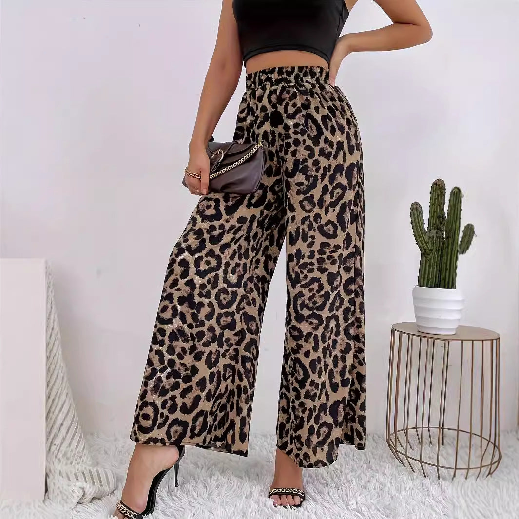 Women's Wide Leopard Pants made of flowing material with elastic waistband