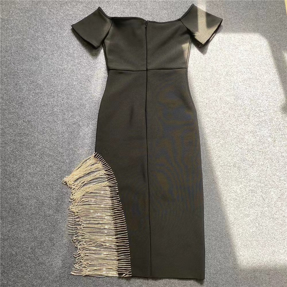 Women's Glamorous Evening Dress with Off-Shoulder Design and Glamorous Fringes