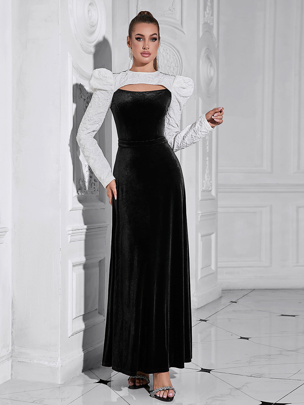 Ladies Velvet Evening Dress with Puff Sleeves and Transparent Top