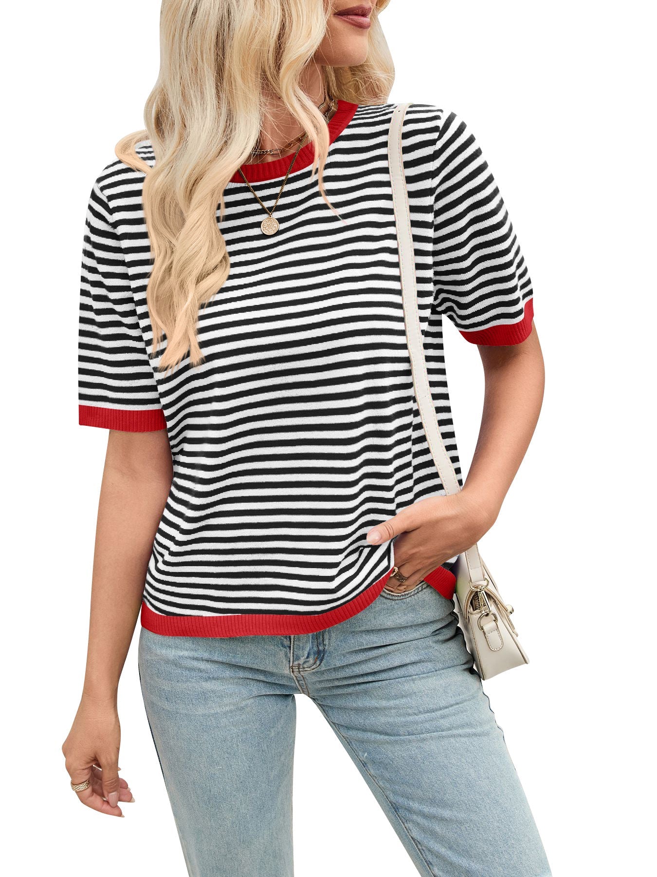Women's comfortable striped casual blouse with contrast collar