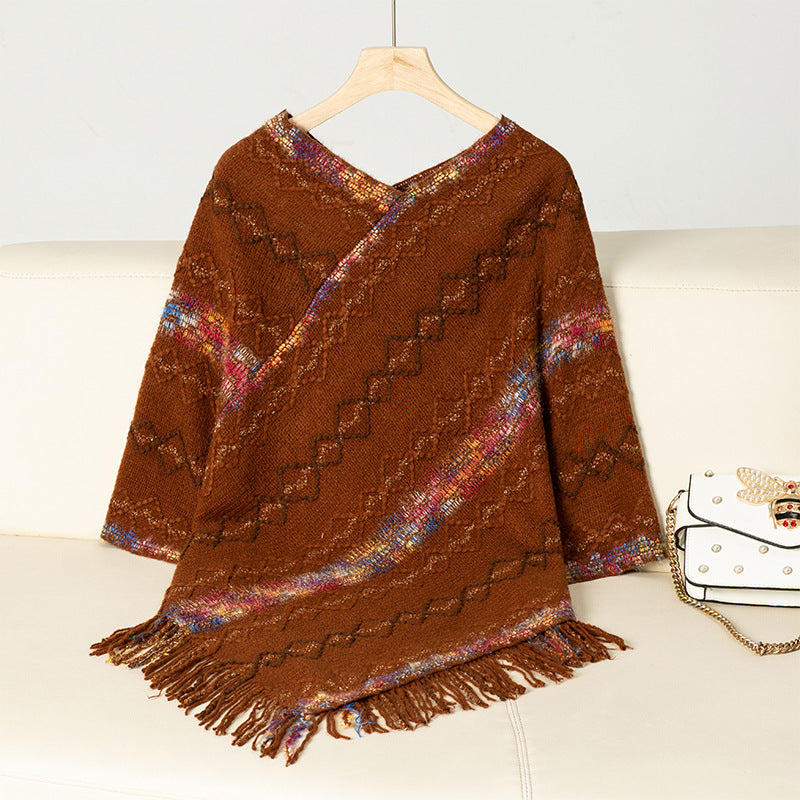 Ladies fashion wrap sweater with fringed hem and unique pattern