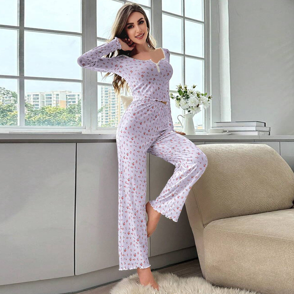 Women's Pajama Set with Lace Trim and Floral Design